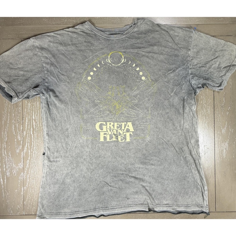 Greta Van Fleet Shirt Mens 2XL Gray Distressed Band Tee Moon Phases Graphic Rock